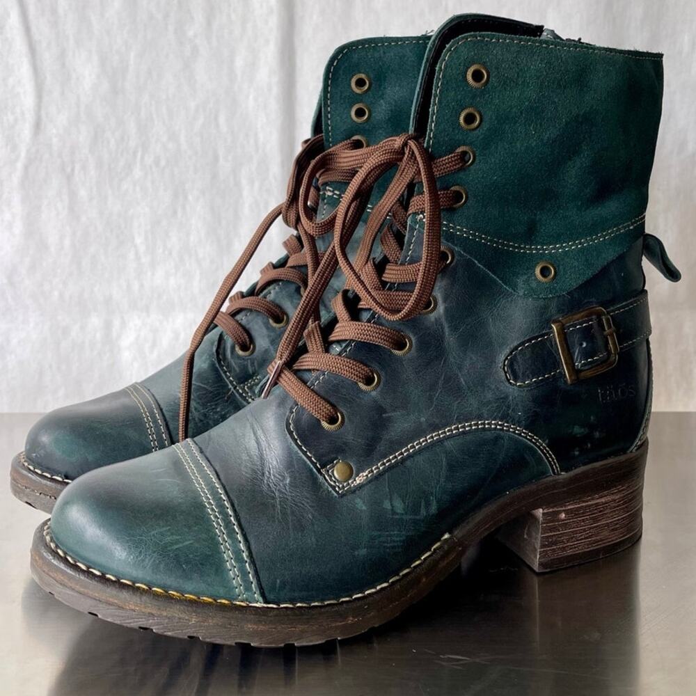 Taos Crave Teal Green Leather Lace-Up Combat Boots Women US 8-8.5/ EUR 39